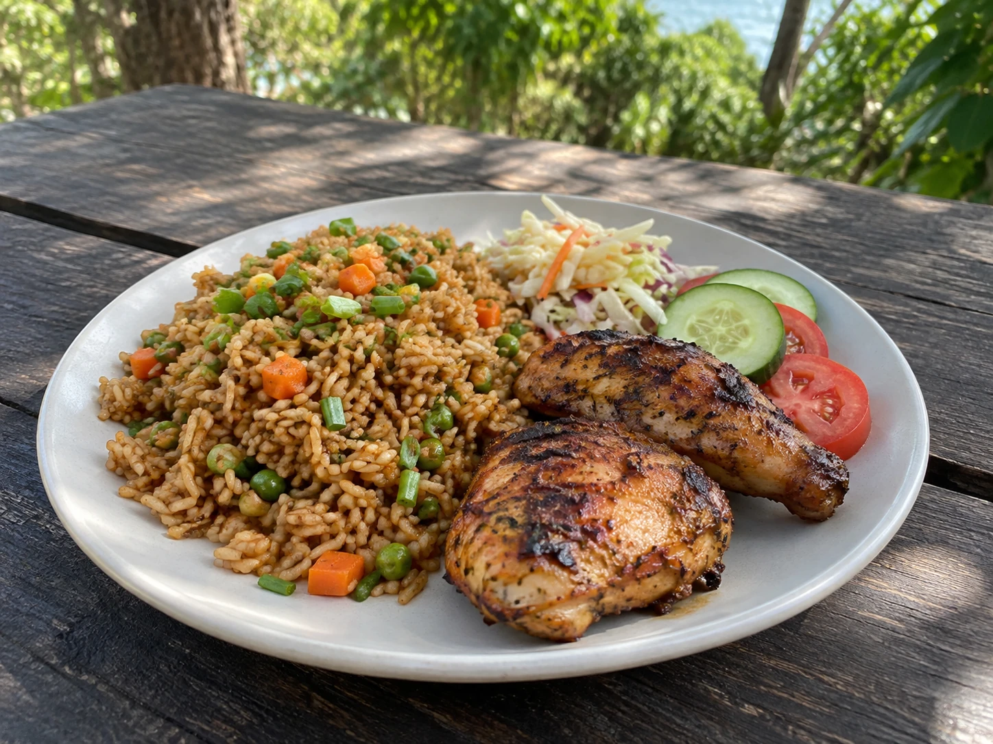 Grilled chicken with seasoned rice and fresh salad