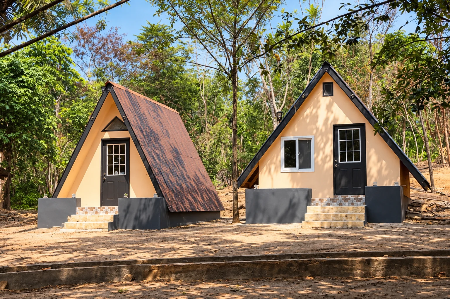 A-frame cabins among trees